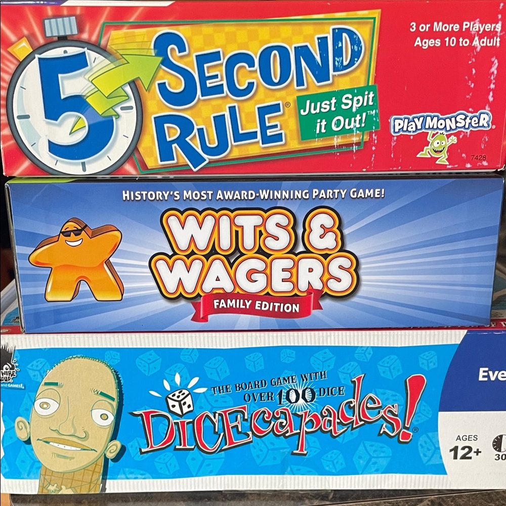 Board Game Bundle - 5 Second Rule, Wits & Wagers, Dicecapades